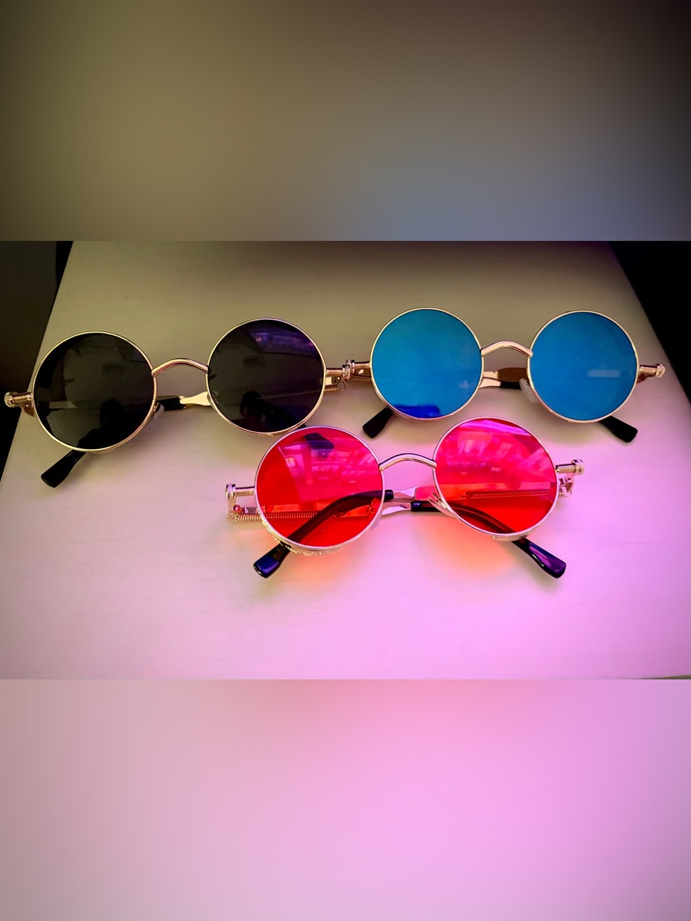 3 pack Round Retro Sunglasses - Pink/Blue/Black Lenses